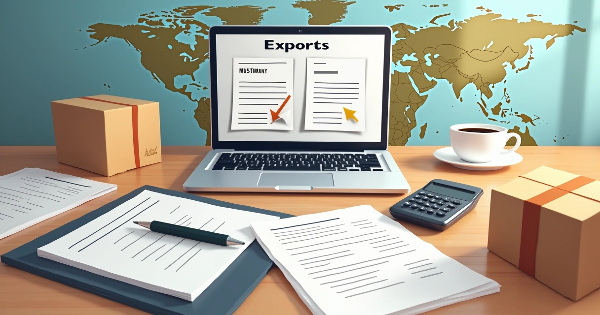 Documentos e mercadorias para exportação temporária sobre mesa com laptop aberto e calculadora