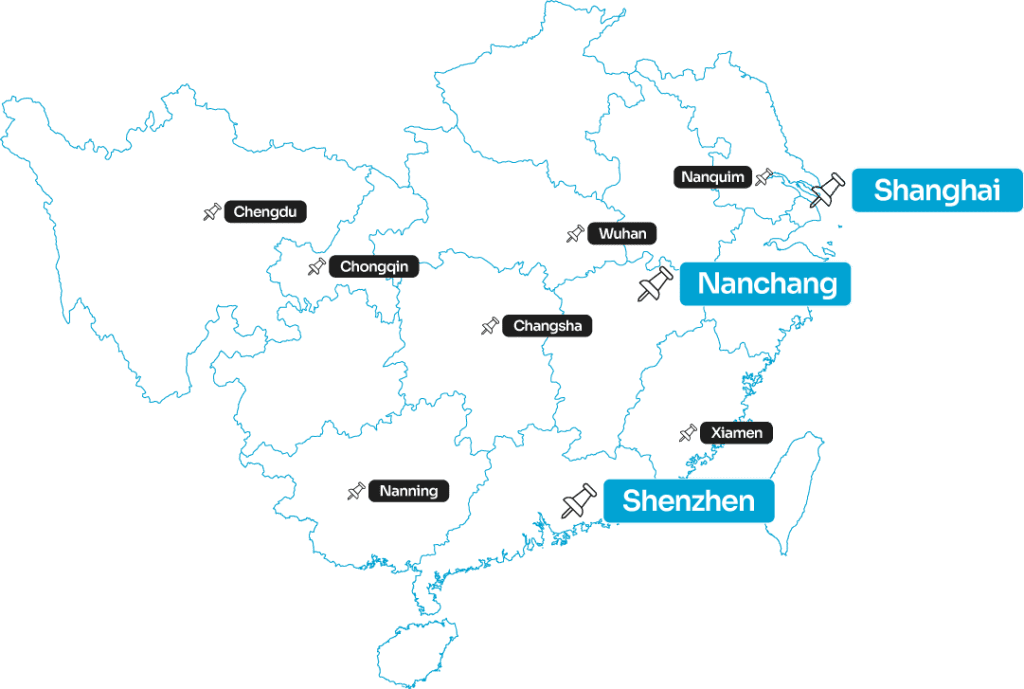  A imagem mostra o desenho de um mapa da China apontando os centros logísticos da Afianci. 
